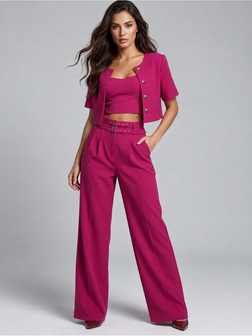 Amanda Uprichard Fuchsia Cropped Jacket, Top & High-Waist Wide Leg Pants Set